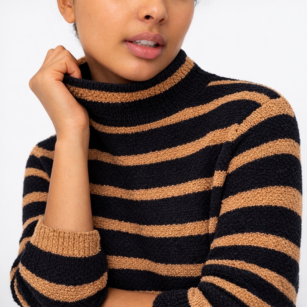 J.Crew Factory Striped Rollneck Bouclé Sweater Black Camel Size Med